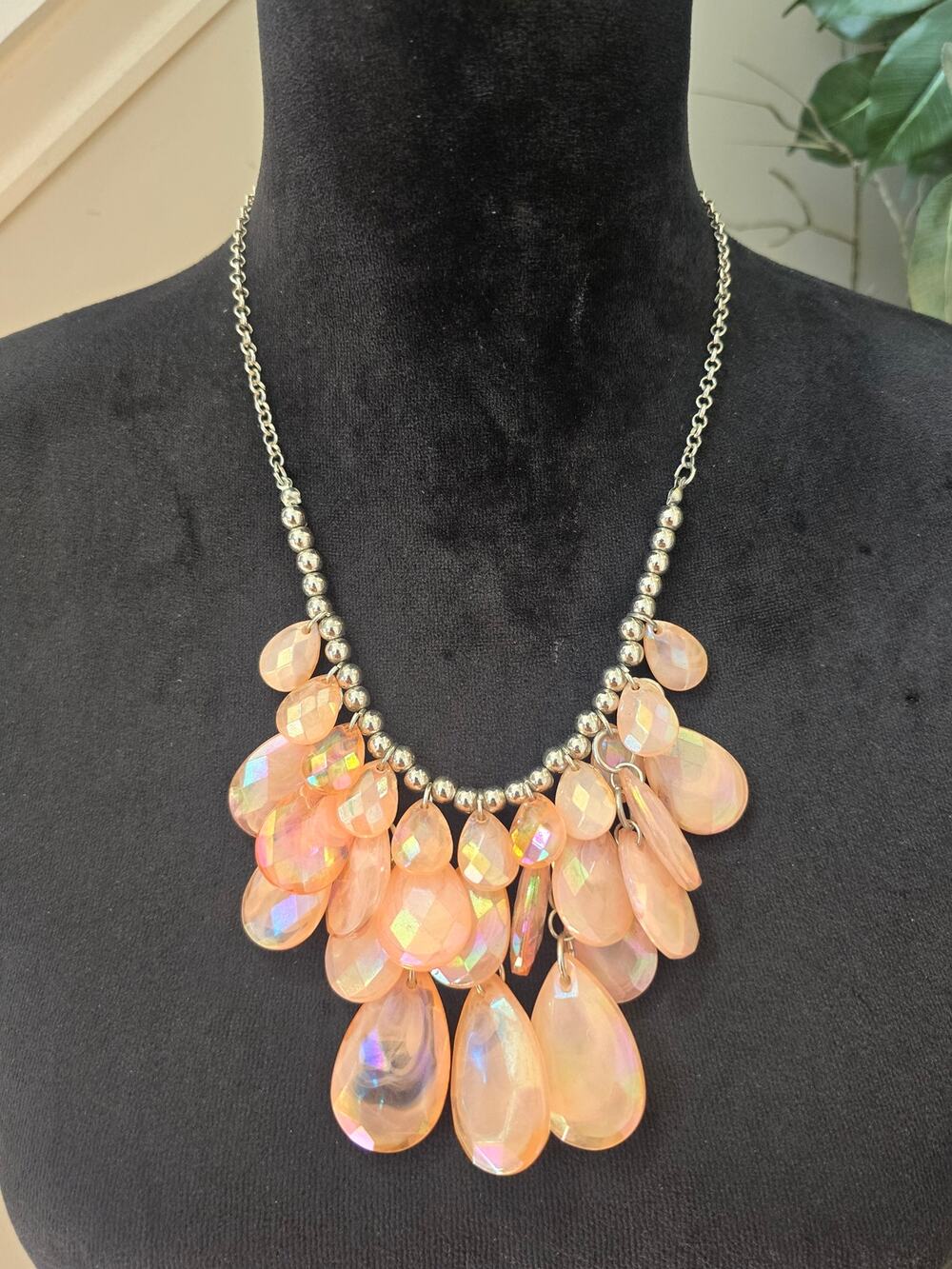 Peach Orange Iridescent Teardrop Cluster Bib Statement Necklace
